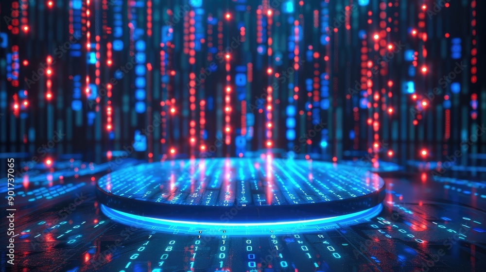 Fototapete 3D rendering of empty podium with blue light in a digital city background. Big data technology and artificial intelligence concept, large round stage with binary code. Generative AI.