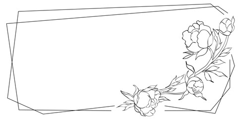 Frame with linear peony Vector isolated illustration on white background Doodle style holiday card Elegant single line drawing Printable invitation and greeting card