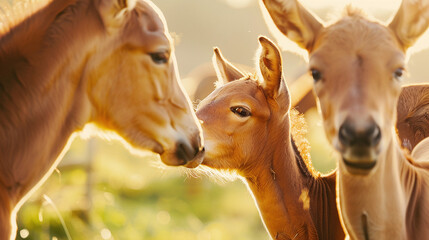 several foals playfully interacting in a sunny field