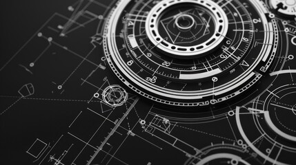 Obraz premium an engineering drawing of a complex part with white dimensional lines on a black background 