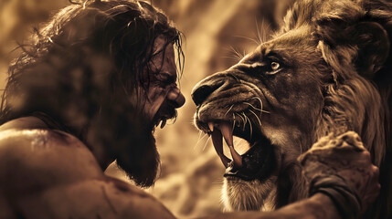 Samson shouting at the lion while the lion roars back with all its strength. A titanic clash where Samson, empowered by God, emerges victorious.