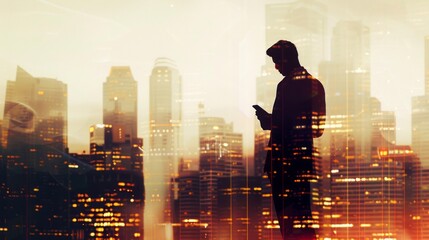 Cityscape businessman communication. Silhouette of a businessman using his smartphone against a glowing city skyline at night, symbolizing urban connectivity and opportunity.