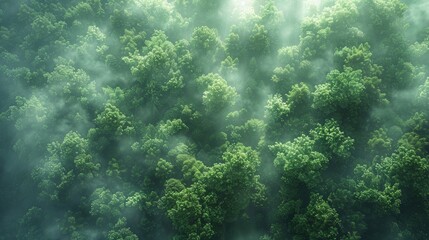 Fototapeta premium Lush Green Forest Canopy Surrounded by Misty Atmosphere in Early Morning Light. Generative AI