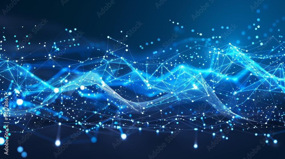 Poster illustration of data technology. abstract background with dots and lines. wave of particles on dark 