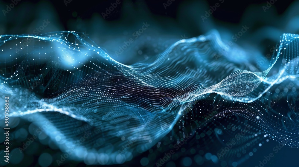 Poster rendering of a 3d scene with a dynamic wave. background of digital technology.