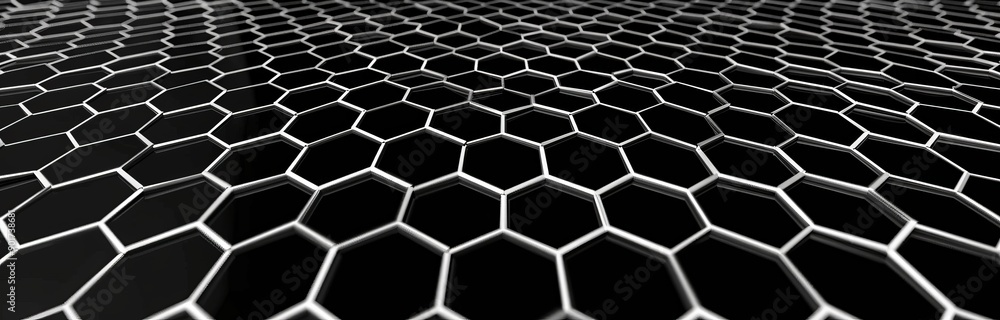Poster 3d rendering of futuristic black hexagon background with waves of particles. futuristic honeycomb co
