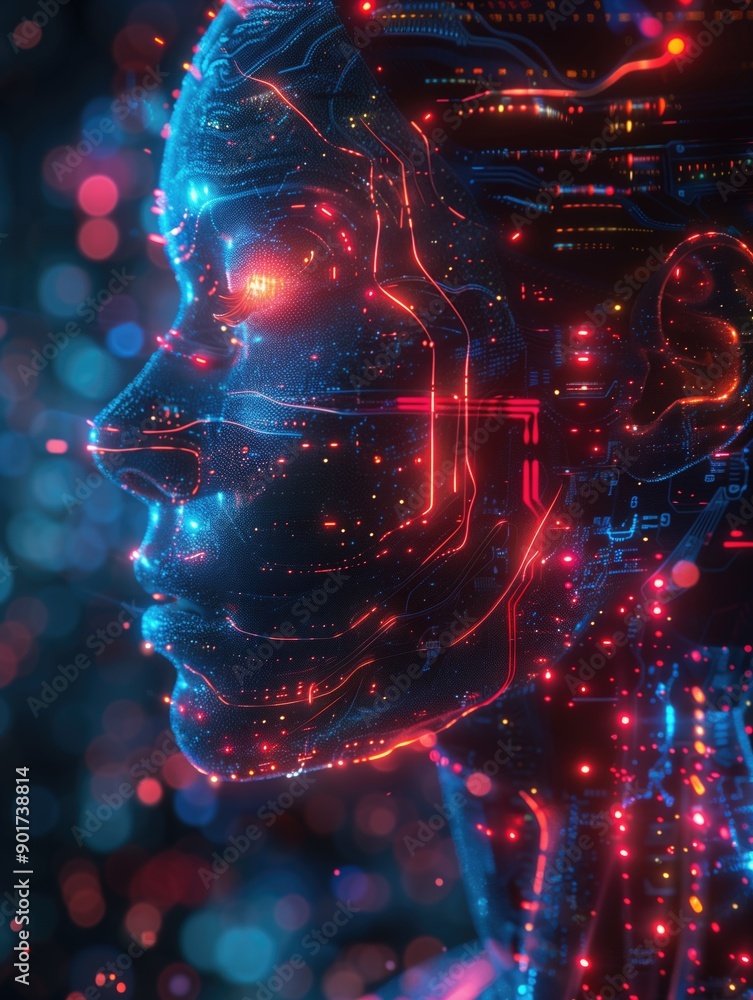 Aufkleber futuristic ai enhanced human profile with vibrant digital circuits and neon lights. exploring advanc