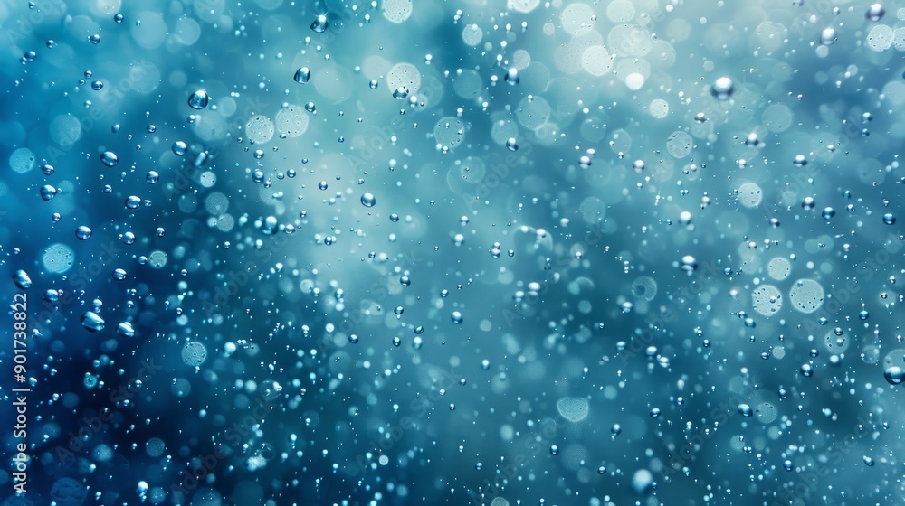 Poster water droplets and bokeh background. abstract blue background with water drops and blurred light eff
