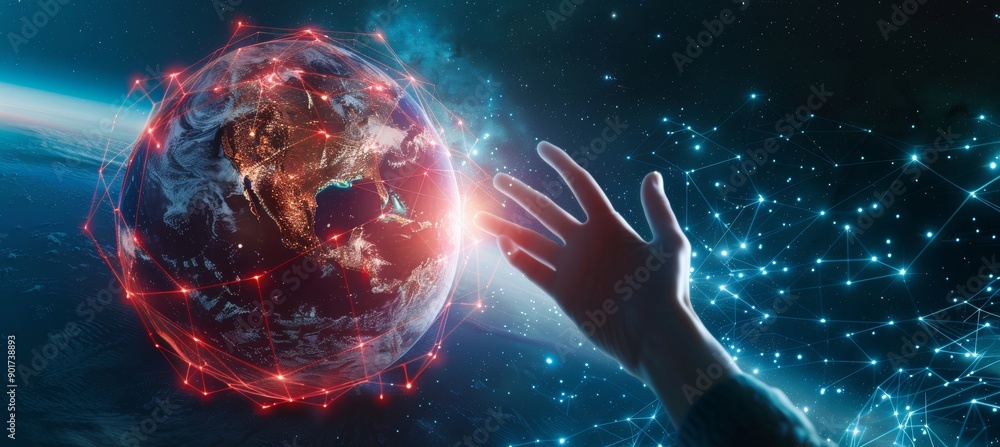 Aufkleber hand of businessman touching circle global network connection and data exchange on sunset background