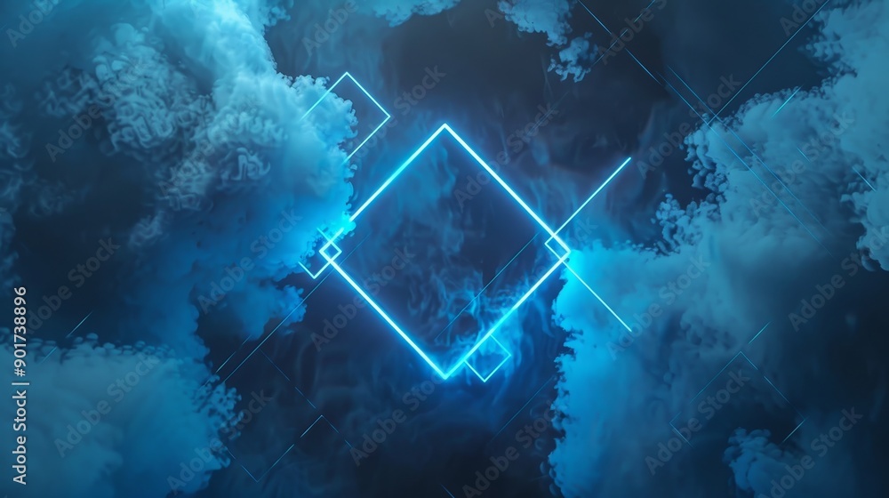 Poster this is a 3d rendering of an abstract futuristic background with neon geometric shapes and stormy cl