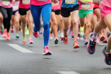 A close-up photo of the legs of multiple people running during a marathon race. Running, jogging and general sport concept.