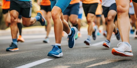 A close-up photo of the legs of multiple people running during a marathon race. Running, jogging and general sport concept.