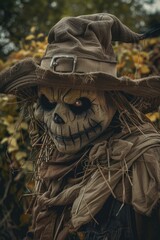 Fototapeta premium A scarecrow with a hat and scare face, perfect for Halloween decorations or harvest themes