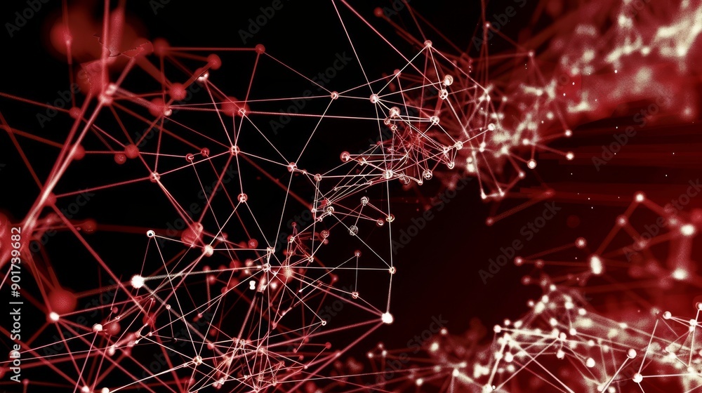 Poster red technology background with waves, dynamic network, artificial neural networks, technology backgr
