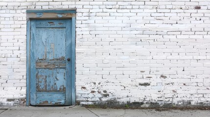 Weathered blue door on white brick wall. An old weathered blue door is set in an aging white brick wall providing a great background or texture image.