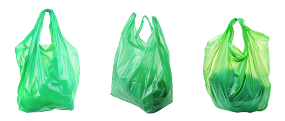Green polythene shopping bags collection isolated on transparent or white background