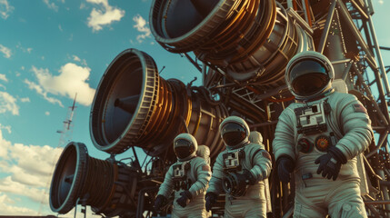 A photograph of a group of astronauts in front of rocket engines, wearing sleek space suits, arms around each other, expressing camaraderie