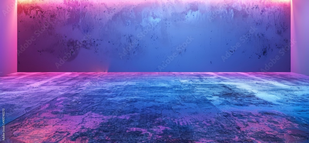 Poster 3d rendering of futuristic sci-fi abstract blue and purple neon light shapes on black background wit