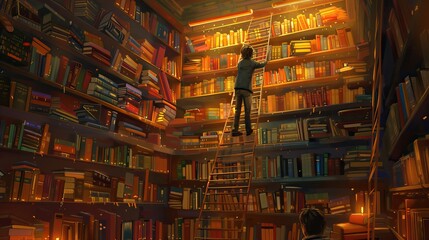 Obraz premium Illustrations of a Person Climbing a Ladder in a Cozy Library. Book background flat cartoon style. AI generated image