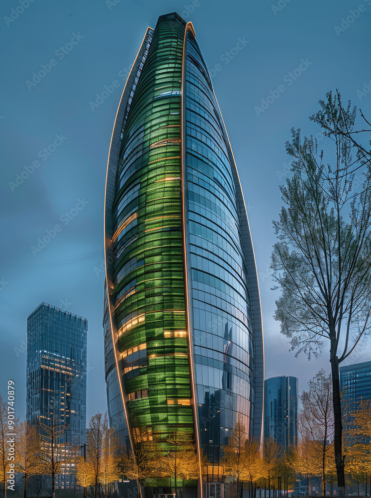 Aufkleber a green leaf-shaped skyscraper, exterior view at eye-level angle with a blue sky at dusk and warm li