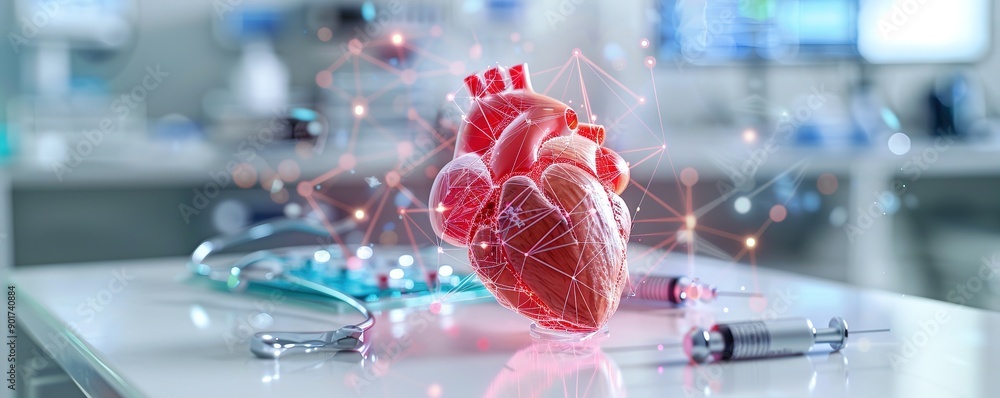 Poster digital heart model with network connections in modern lab