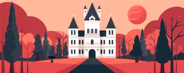 A whimsical castle surrounded by colorful trees under a vibrant sky, perfect for illustrating fantasy and adventure themes.