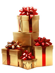 Obraz premium Stack of golden gift boxes with red bows