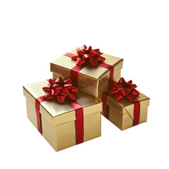 Obraz premium Three gold gift boxes with red ribbons and bows