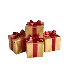 Obraz premium Golden gift boxes with red ribbons and bows