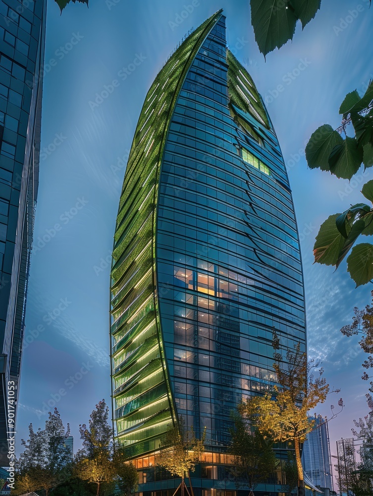 Aufkleber a green leaf-shaped skyscraper, exterior view at eye-level angle with a blue sky at dusk and warm li