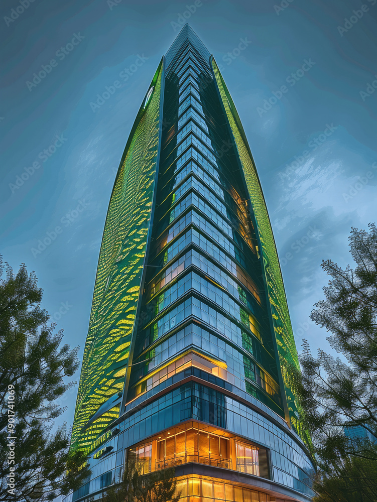 Poster a green leaf-shaped skyscraper, exterior view at eye-level angle with a blue sky at dusk and warm li
