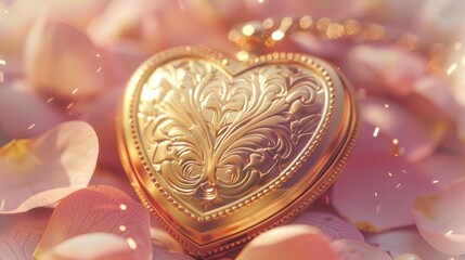 Golden heart locket on petals. A vintage, ornate gold locket in a heart shape, nestled amongst delicate pink flower petals, evoking romance and sentiment.