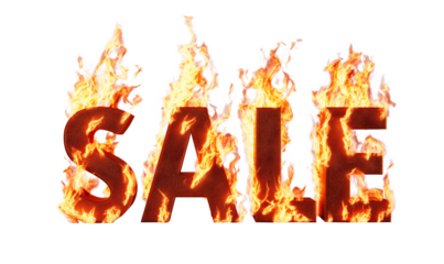 fire sale concept , The word "SALE" in bold letters engulfed in flames on a white background,