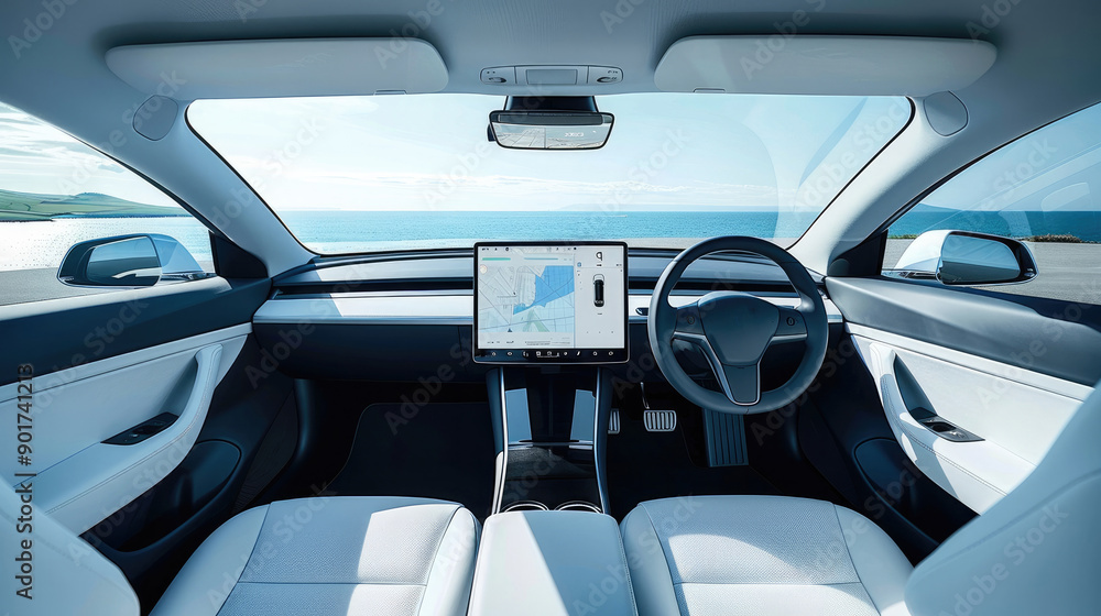 Poster the front seat of the electric car has a large screen that displays data about the car, and the inte