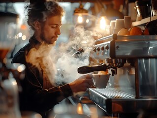 Naklejka premium Steamed Coffee: Barista Prepares Espresso Drink