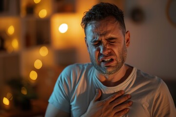 Man experiencing chest pain, possible heart attack symptom, agon