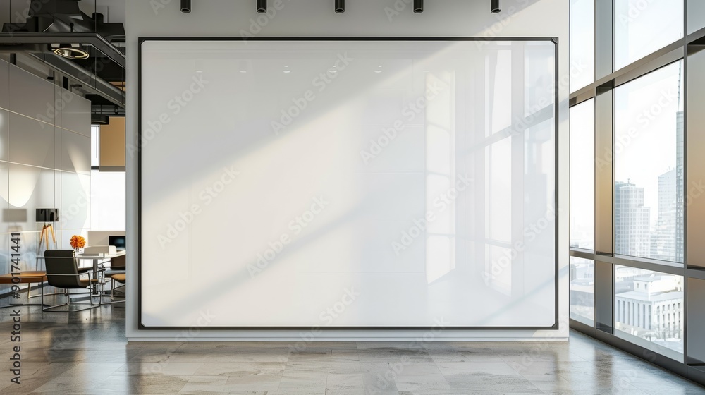 Poster modern office with empty frame. contemporary workspace featuring a large blank frame, perfect for sh