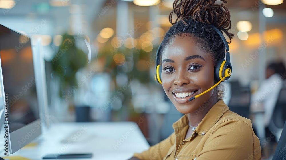 Aufkleber a smiling black female call centre agent sitting at a desk in a modern office and wearing a headset 