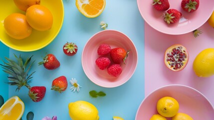 Fresh fruits in colorful bowls on a pastel background