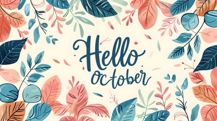 October month illustration background with pastel colors drawing with written Hello October to celebrate start of the month