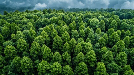 Lush Green Forest Covering Rolling Hills Under Dramatic Cloudy Sky at Dusk. Generative AI