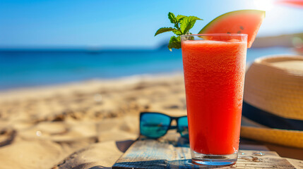 Obraz premium A glass of watermelon juice is on a table on a beach