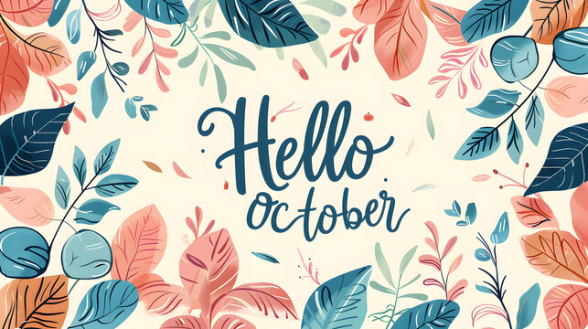 October month illustration background with pastel colors drawing with written Hello October to celebrate start of the month