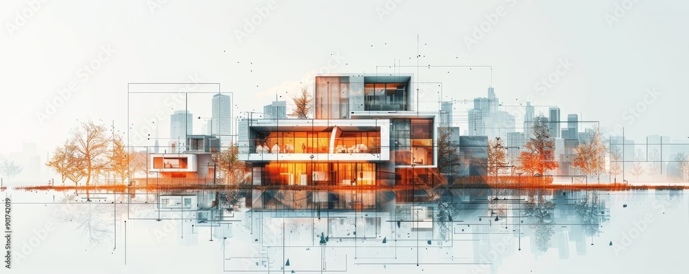 Poster minimalist architectural design of a modern home with cityscape background and autumn trees reflecti