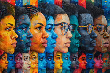 Vibrant illustration featuring diverse individuals wearing glasses, showcasing unity and diversity against a colorful, leafy background.