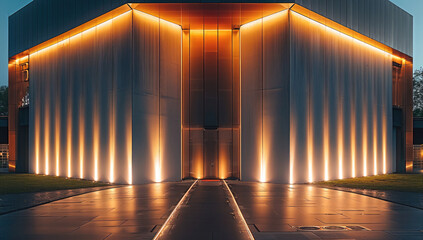 Facade of a building lit from below along the walls with large white wall washers. Generative AI.
