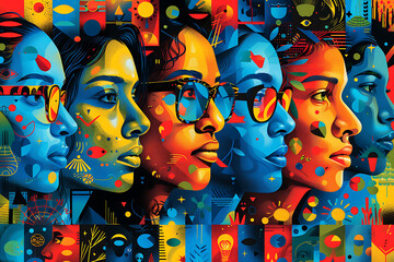 Fototapeta premium Vibrant illustration featuring diverse individuals wearing glasses, showcasing unity and diversity against a colorful, leafy background.