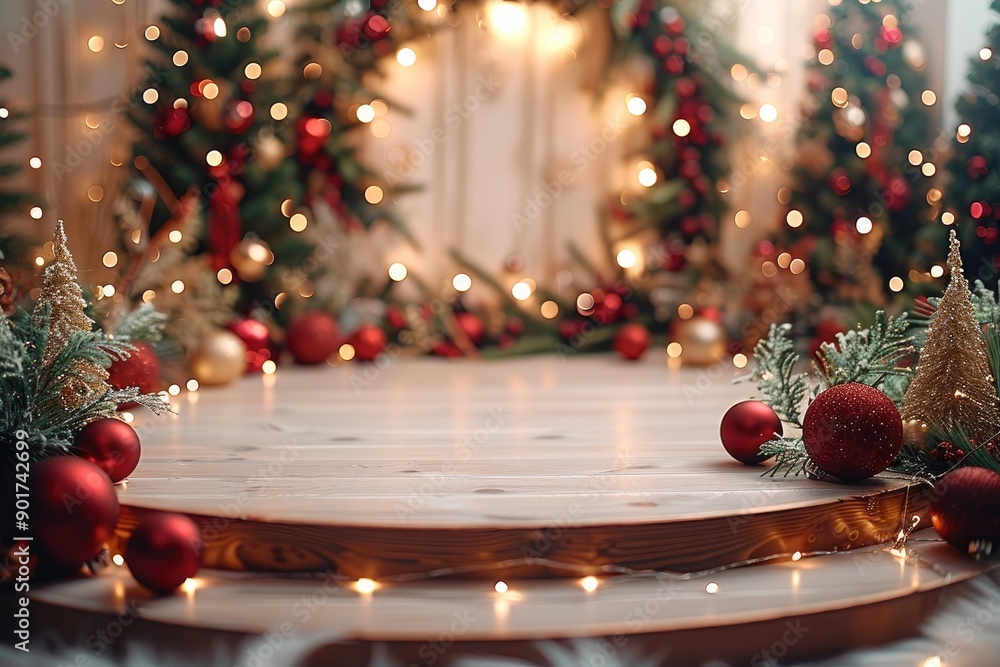 Poster A space elegantly empty, ready to showcase a product with a Christmas theme. The base is adorned with pine leaves, small red and gold Christmas balls. Generative AI.