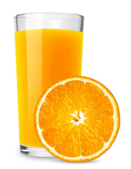 Orange juice in a glass with an orange slice isolated on a transparent background.