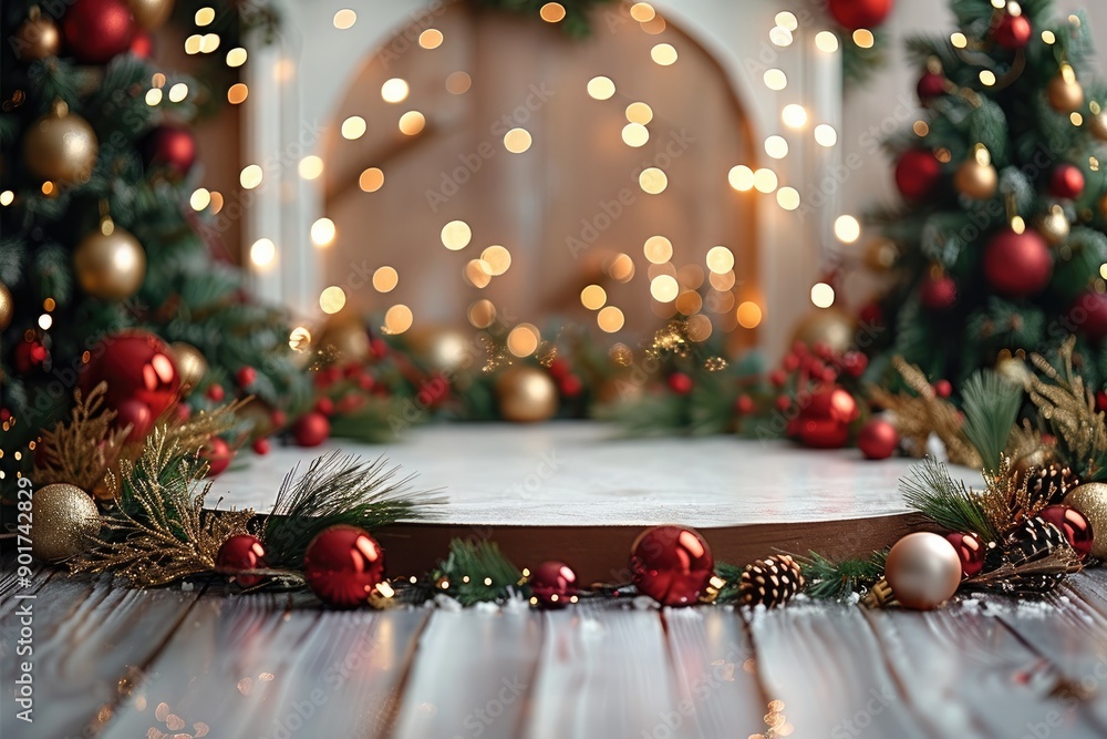 Poster A space elegantly empty, ready to showcase a product with a Christmas theme. The base is adorned with pine leaves, small red and gold Christmas balls. Generative AI.